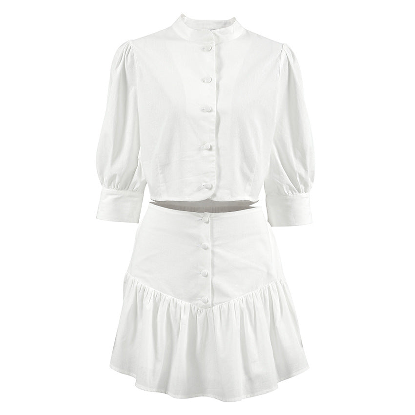 White Lantern Sleeve Shirt Short Skirt Two-piece Set For Women