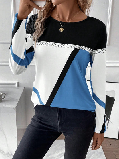Contrast Round Neck Long Sleeve T-Shirt - Fashion Finder Hub