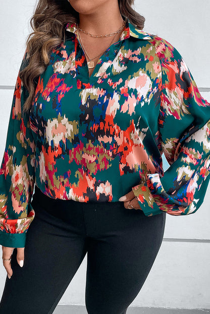 Plus Size Printed Johnny Collar Long Sleeve Blouse - Fashion Finder Hub