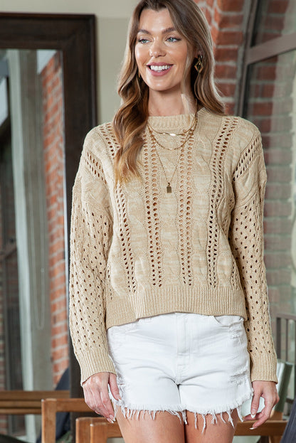 Full Size Openwork Cable-Knit Round Neck Knit Top - Fashion Finder Hub