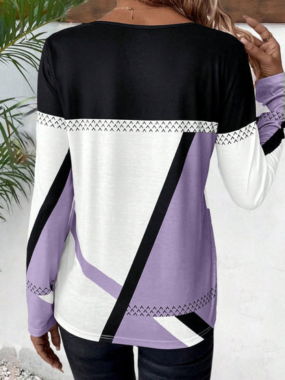 Contrast Round Neck Long Sleeve T-Shirt - Fashion Finder Hub