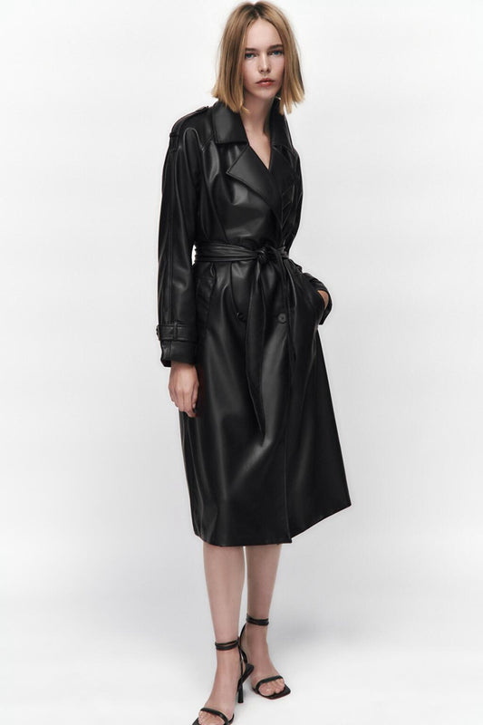 Long Sleeve Slim Fit With Belt Imitation Leather Trench Coat