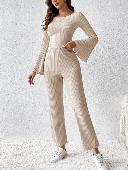 Ribbed Flare Sleeve Top and Pants Set - Fashion Finder Hub