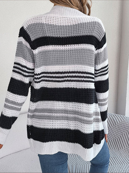Striped Open Front Long Sleeve Cardigan - Fashion Finder Hub