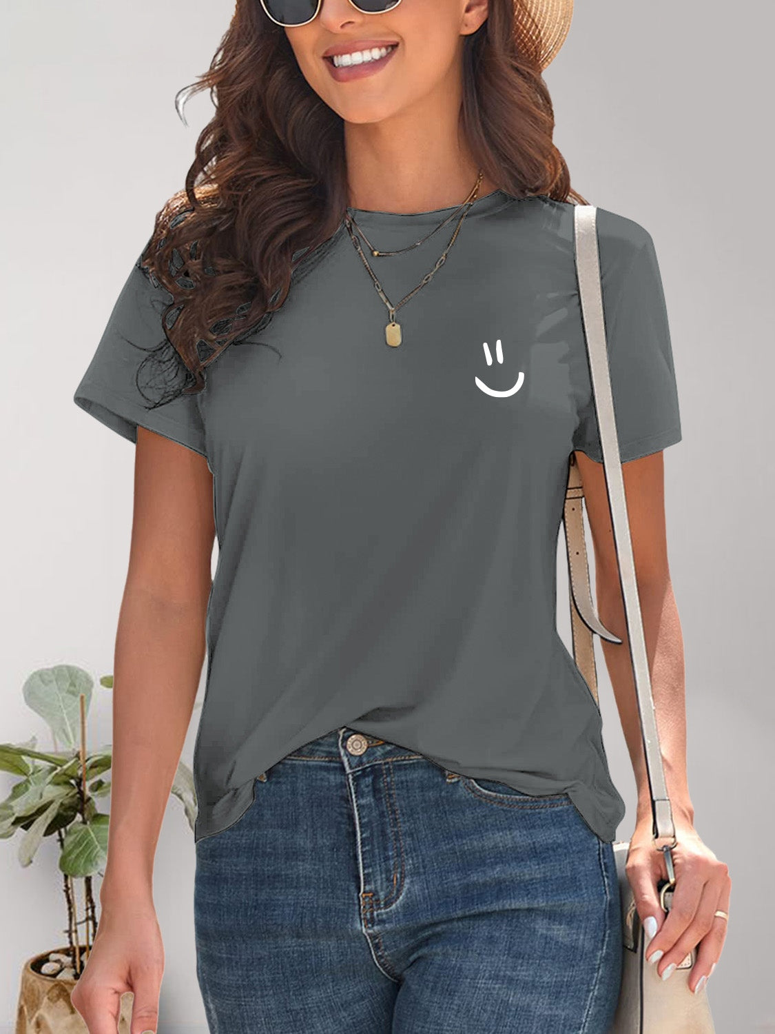 Smile Graphic Round Neck Short Sleeve T-Shirt - Fashion Finder Hub