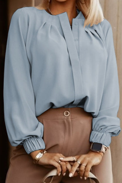 Button Up Round Neck Long Sleeve Shirt - Fashion Finder Hub