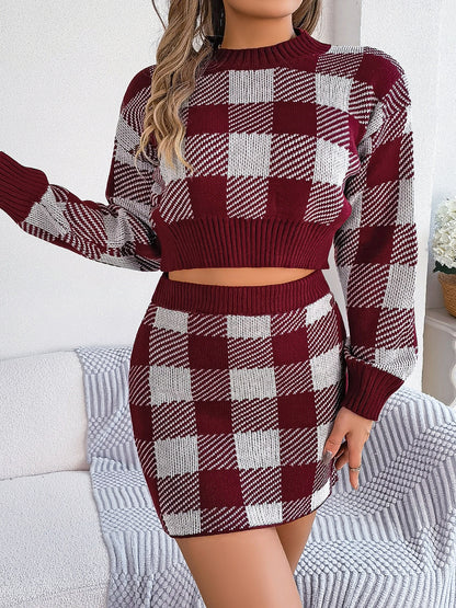 Plaid Round Neck Top and Skirt Sweater Set - Fashion Finder Hub