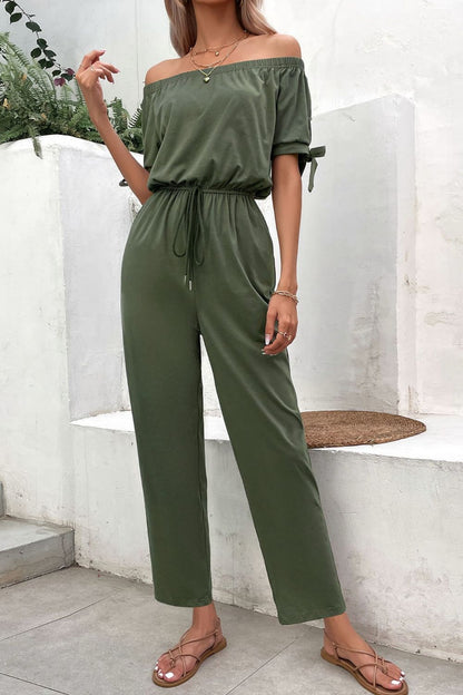 Off-Shoulder Tie Cuff Jumpsuit with Pockets - Fashion Finder Hub