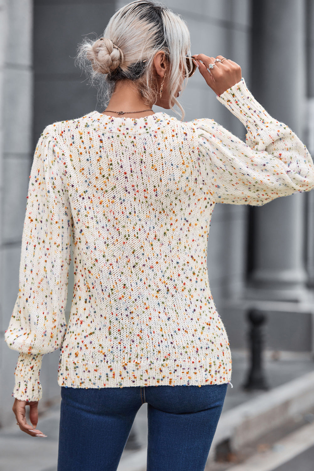 Heathered Round Neck Lantern Sleeve Sweater - Fashion Finder Hub