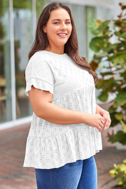 Plus Size Eyelet Round Neck Short Sleeve Blouse - Fashion Finder Hub