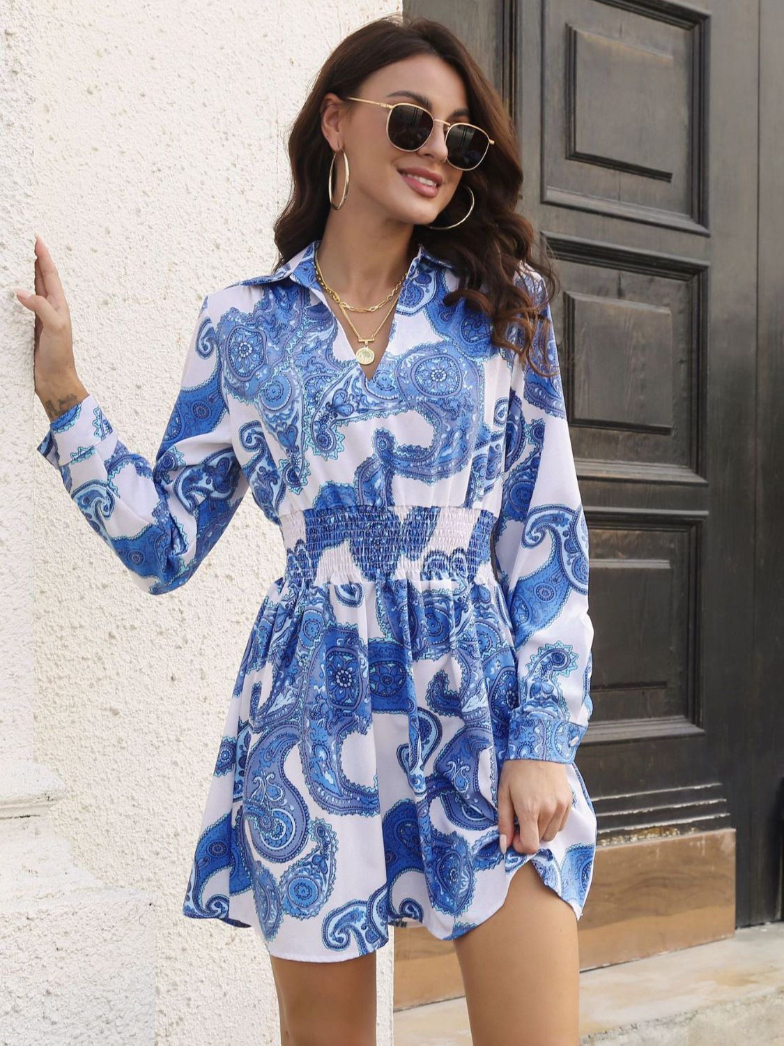 Paisley Print Johnny Collar Smocked Dress - Fashion Finder Hub