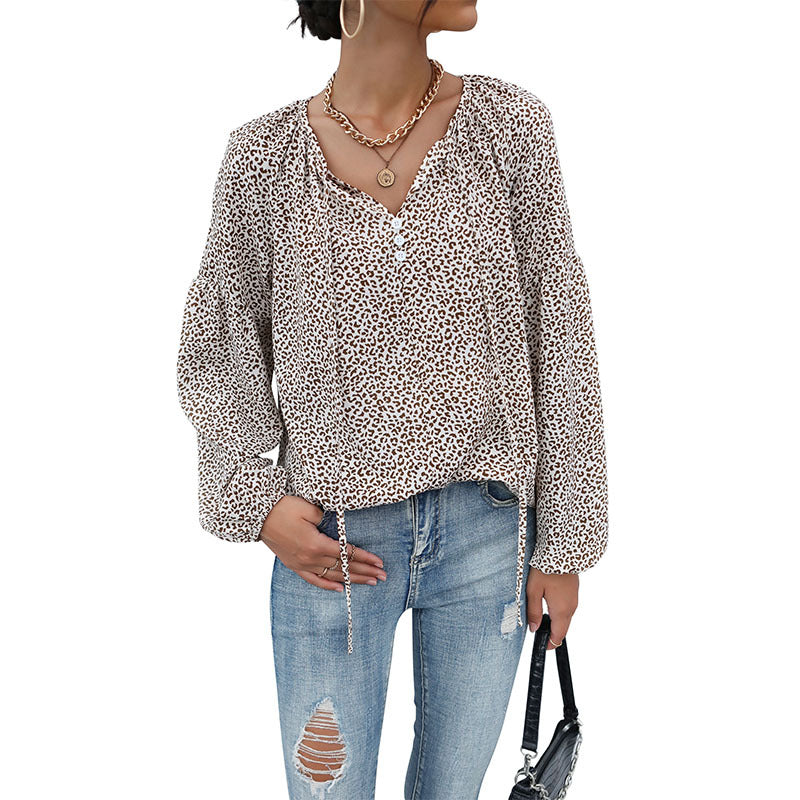 New European And American Retro Top Long Sleeve Drawstring Leopard-print Shirt