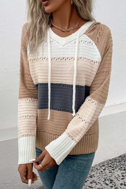 Color Block Drawstring Hooded Sweater - Fashion Finder Hub