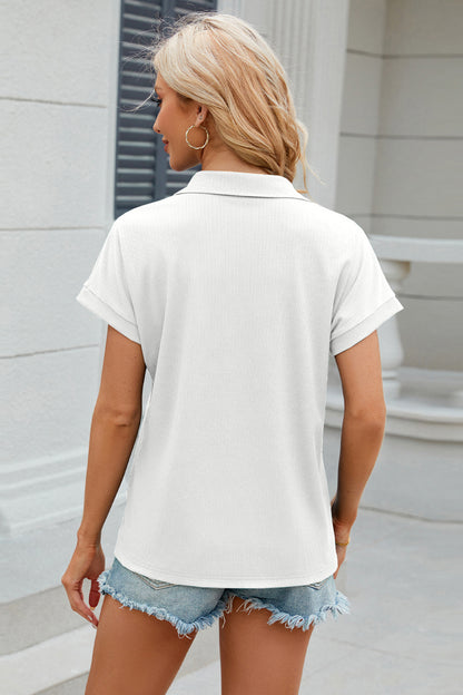 Johnny Collar Short Sleeve Blouse - Fashion Finder Hub
