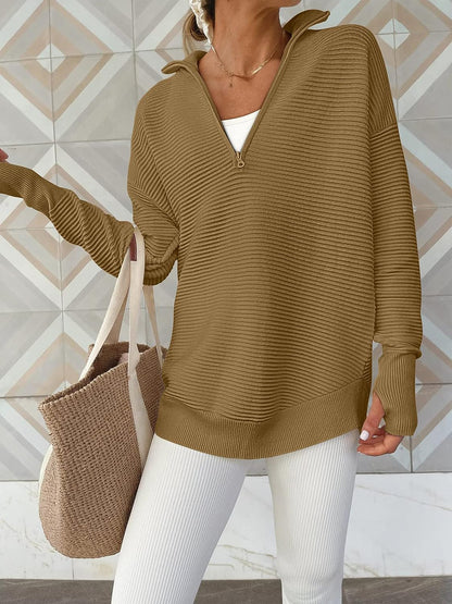 Half Zip Long Sleeve Knit Top - Fashion Finder Hub