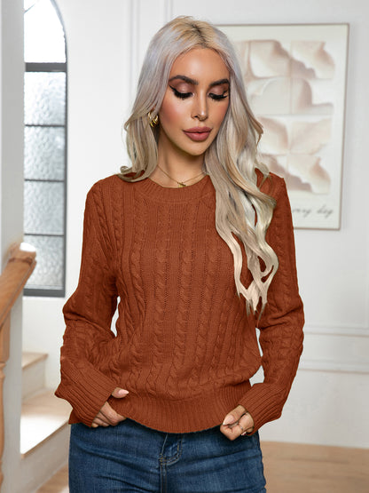 Cable-Knit Round Neck Long Sleeve Sweater - Fashion Finder Hub