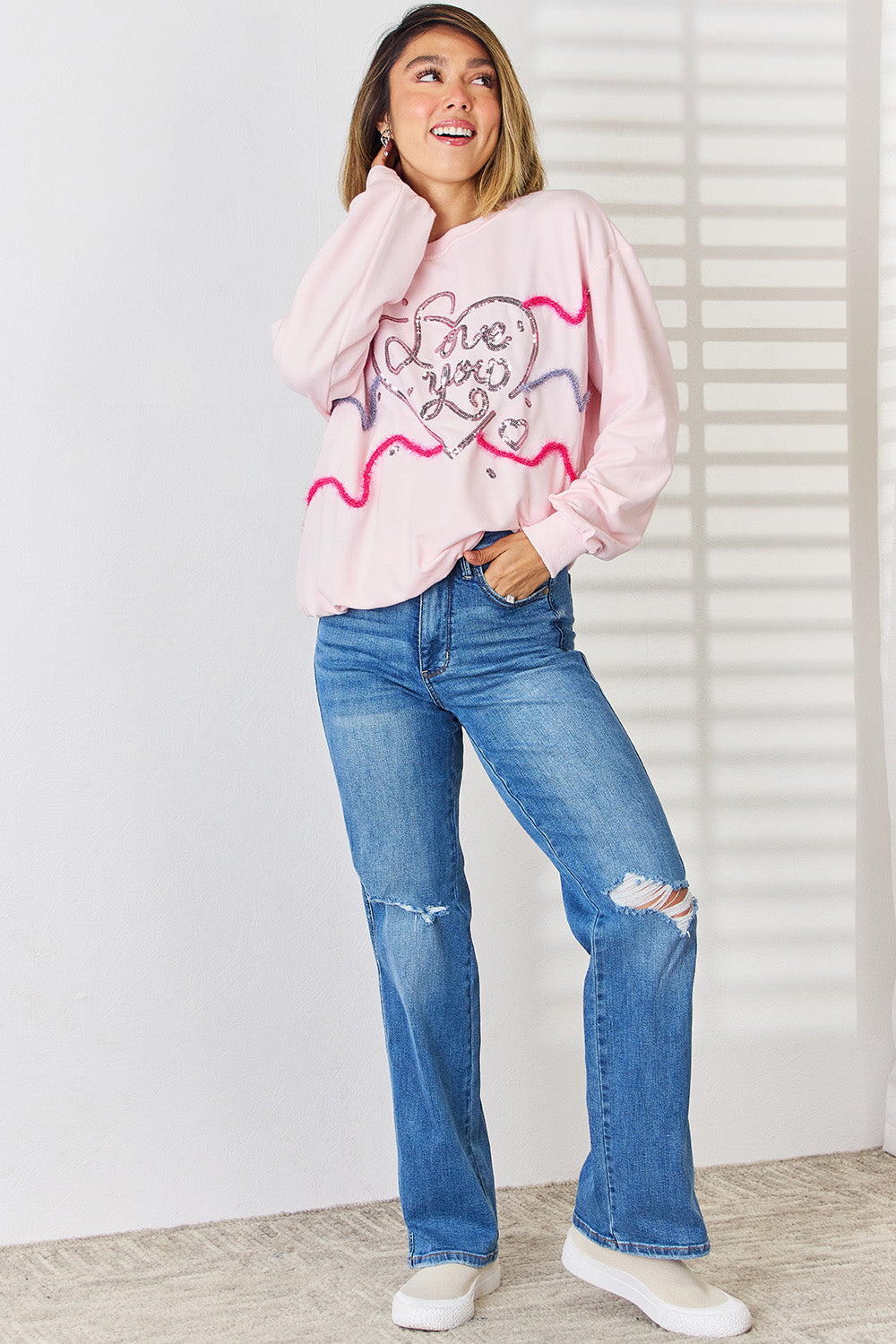 LOVE YOU Heart Sequin Round Neck Sweatshirt