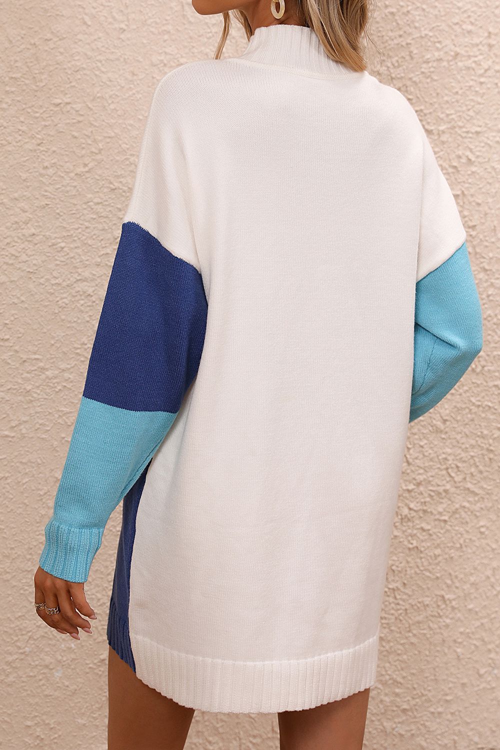 Color Block Mock Neck Dropped Shoulder Sweater Dress - Fashion Finder Hub