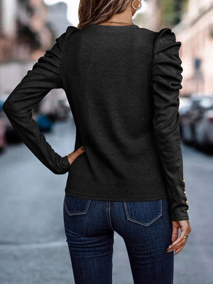 Decorative Button Puff Sleeve T-Shirt - Fashion Finder Hub
