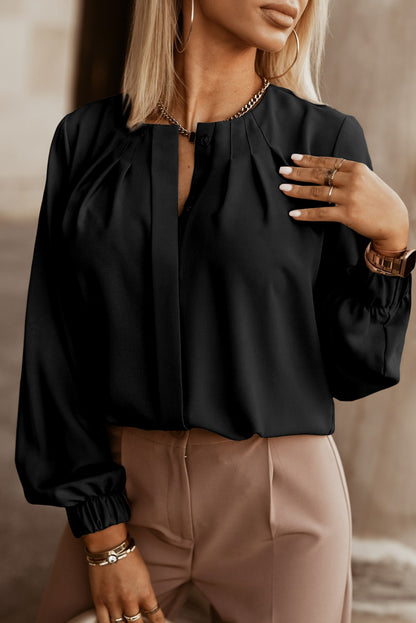 Button Up Round Neck Long Sleeve Shirt - Fashion Finder Hub