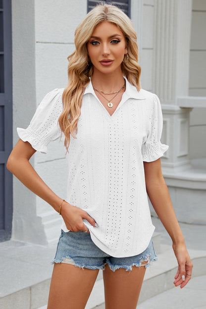 Eyelet Johnny Collar Short Sleeve Blouse - Fashion Finder Hub