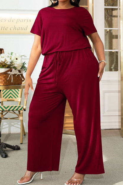 Plus Size Drawstring Waist Short Sleeve Jumpsuit - Fashion Finder Hub