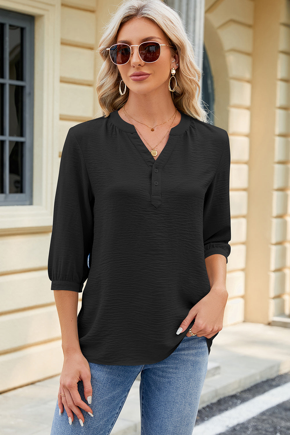 Notched Three-Quarter Sleeve T-Shirt - Fashion Finder Hub