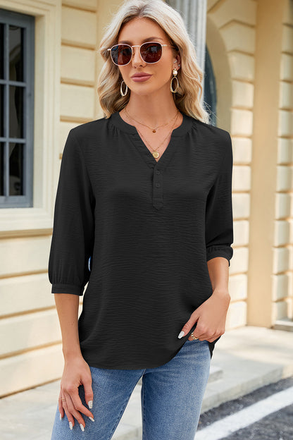 Notched Three-Quarter Sleeve T-Shirt - Fashion Finder Hub