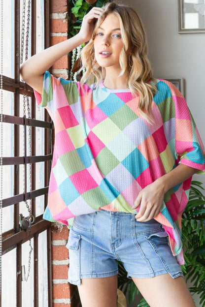 HOPELY Color Block Waffle Oversized T-Shirt - Fashion Finder Hub