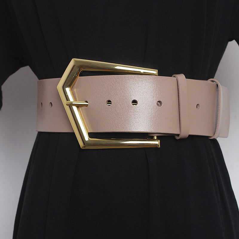 Concave Shape Large Pin Buckle Cowhide Wide Belt