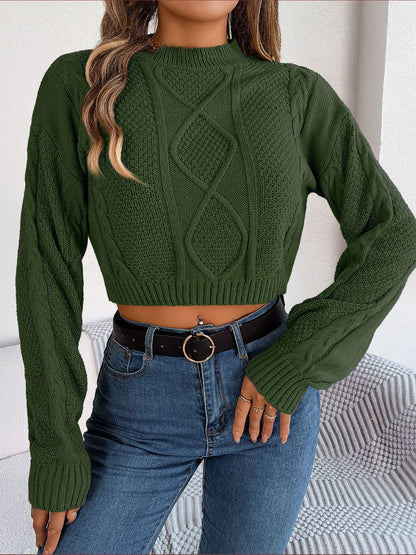Cable-Knit Round Neck Cropped Sweater - Fashion Finder Hub