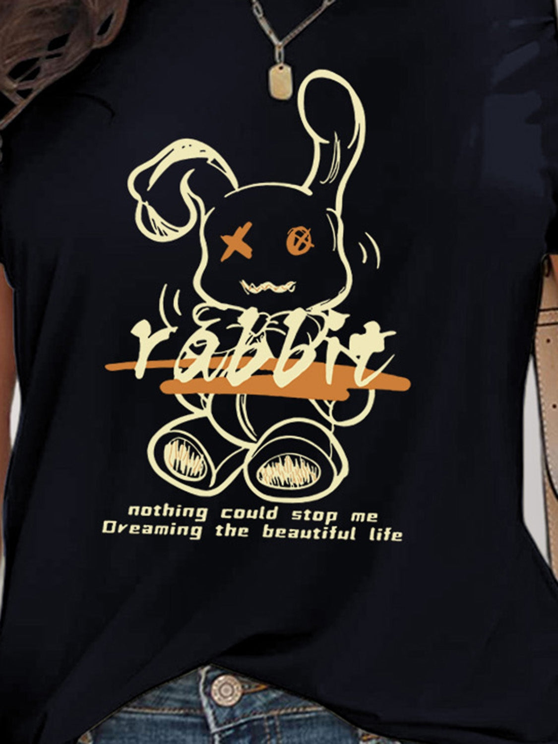 Rabbit Graphic Round Neck Short Sleeve T-Shirt - Fashion Finder Hub