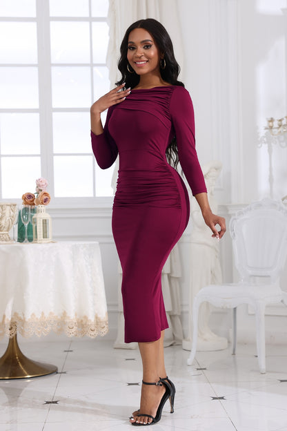 Ruched Boat Neck Midi Dress - Fashion Finder Hub