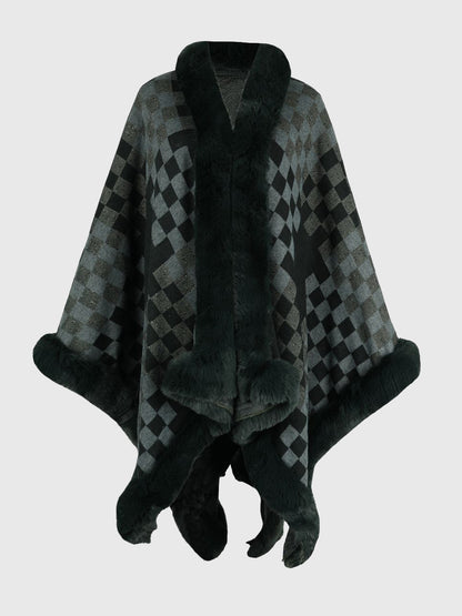 Checkered Faux Fur Trim Poncho - Fashion Finder Hub