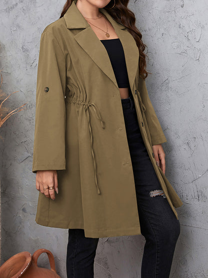 Plus Size Lapel Collar Drawstring Roll-Tab Sleeve Trench Coat - Fashion Finder Hub