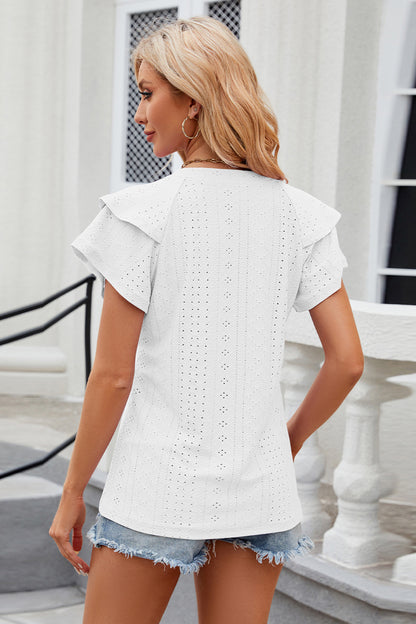 Eyelet Notched Short Sleeve T-Shirt - Fashion Finder Hub