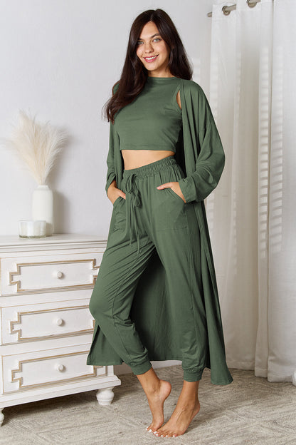 Tank, Pants, and Cardigan Set with Pockets - Fashion Finder Hub