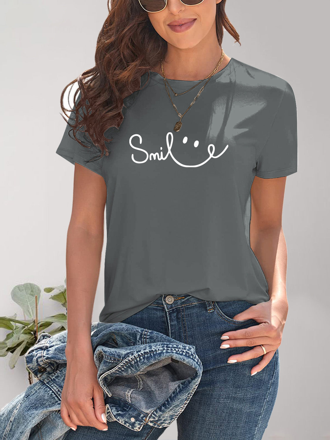 SMILE Round Neck Short Sleeve T-Shirt - Fashion Finder Hub
