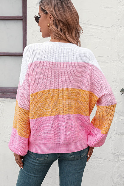 Round Neck Color Block Ribbed Pullover Sweater - Fashion Finder Hub