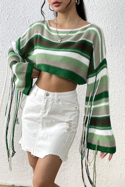 Fringe Striped Round Neck Knit Top - Fashion Finder Hub