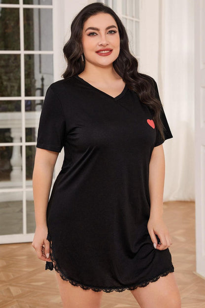 Plus Size Lace Trim V-Neck Short Sleeve Night Dress - Fashion Finder Hub