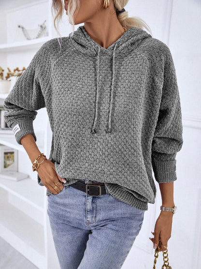 Texture Drawstring Long Sleeve Hooded Sweater - Fashion Finder Hub