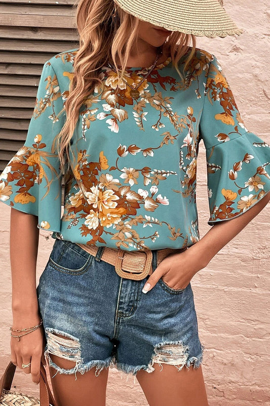 Printed Round Neck Half Sleeve Blouse - Fashion Finder Hub