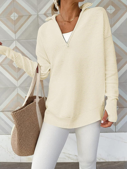 Half Zip Long Sleeve Knit Top - Fashion Finder Hub