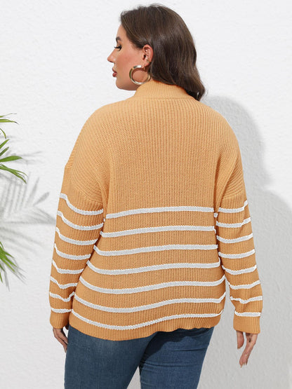 Plus Size Zip-Up Striped Sweater - Fashion Finder Hub