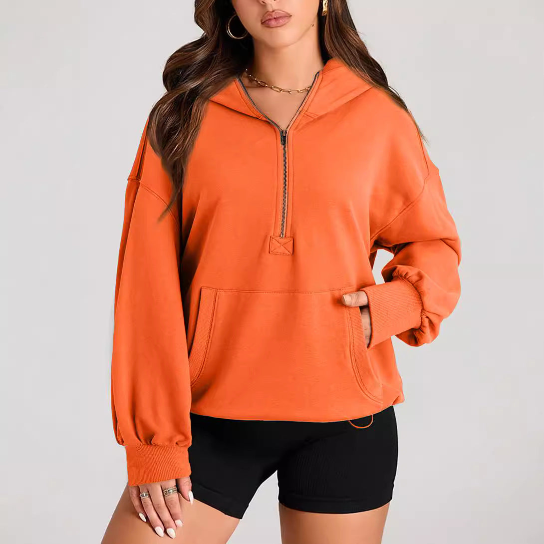 Nette Solid Color Long Sleeve Hooded Zipper Sweatshirt