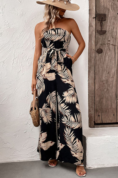 Printed Strapless Wide Leg Jumpsuit with Pockets - Fashion Finder Hub