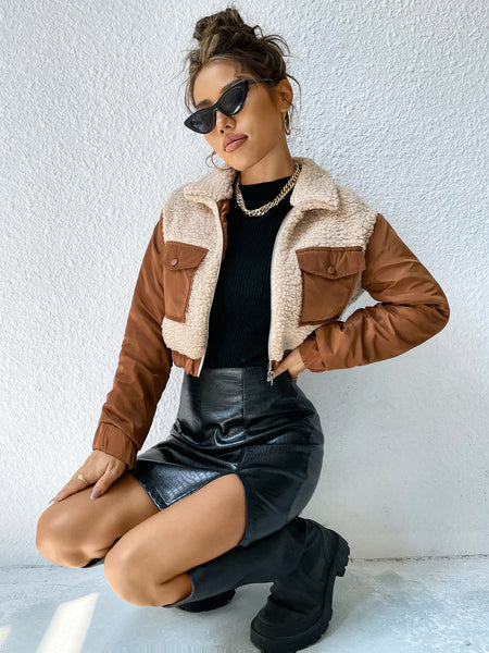 Flap Pocket Drop Shoulder Teddy Jacket