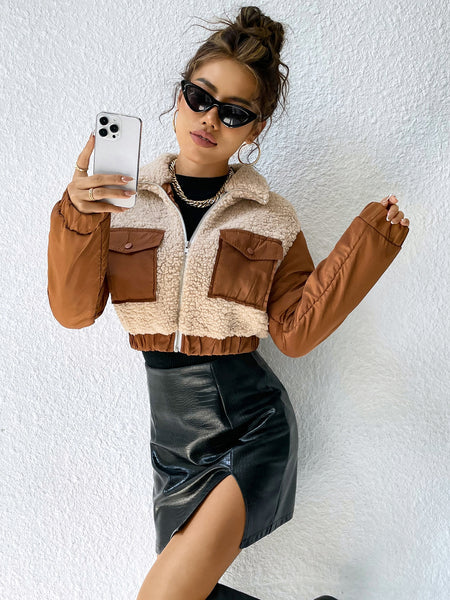 Flap Pocket Drop Shoulder Teddy Jacket