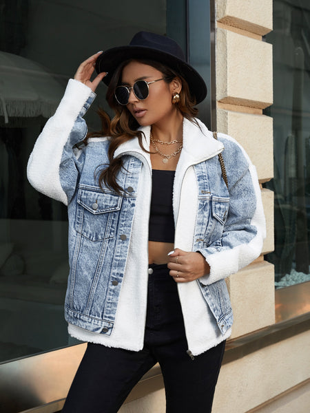 Teddy Panel Drop Shoulder Denim Jacket